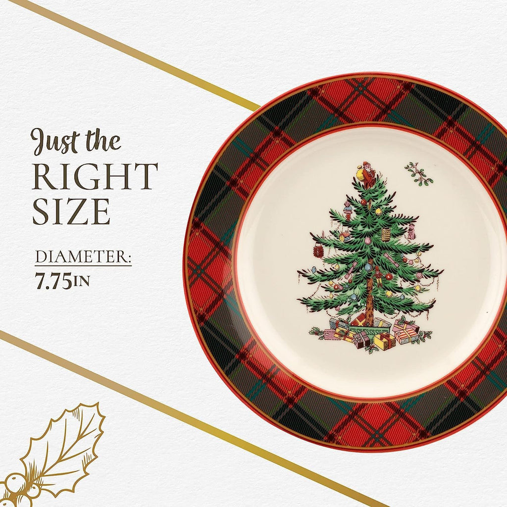 Spode Christmas Tree Tartan 7.75" Salad Plate, Set of 4 - Festive Table Setting for Parties & Gatherings, Holiday Plate for Appetizers, Desserts or Salads - Dishwasher & Microwave Safe Earthenware