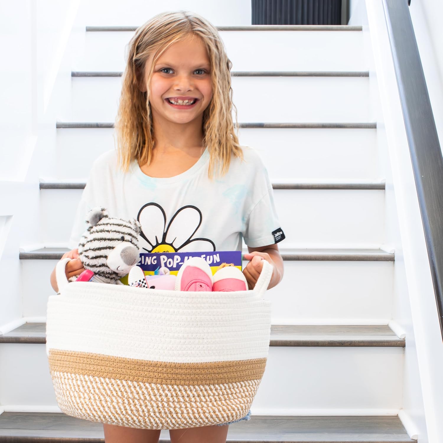 Stylish Cotton Rope Storage Basket - Versatile Woven Bin for Dog Toys, Magazines & Books | Clutter-Reducing Organizer with Handles