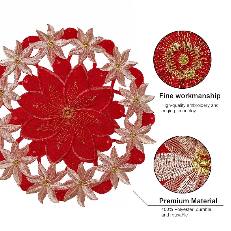Red Christmas Placemats Set of 4 with Poinsettia Embroidery - 14inch Round, Gold Trim