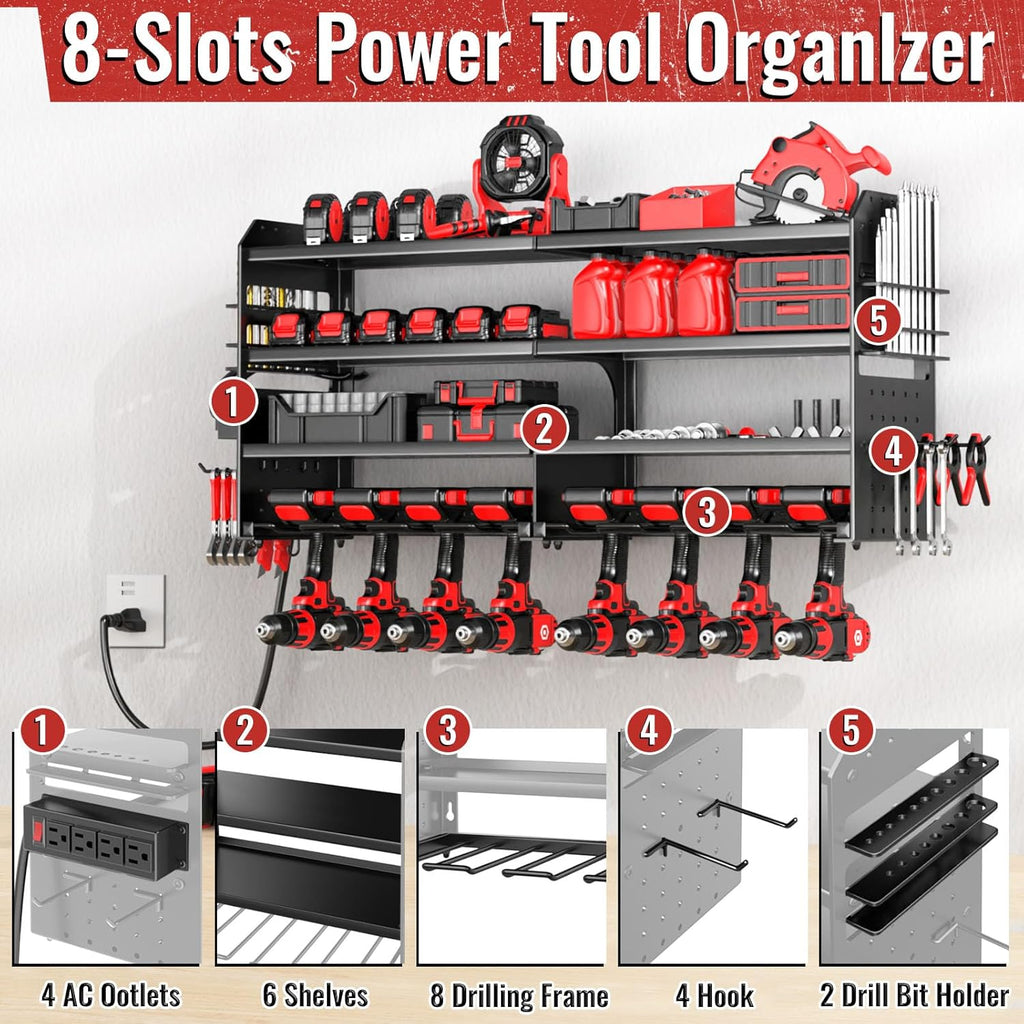 Skiennix Large Power Tool Organizer - Heavy Duty Wall Mount with Charging Station | 4 Layers, 8 Drill Holders, Black