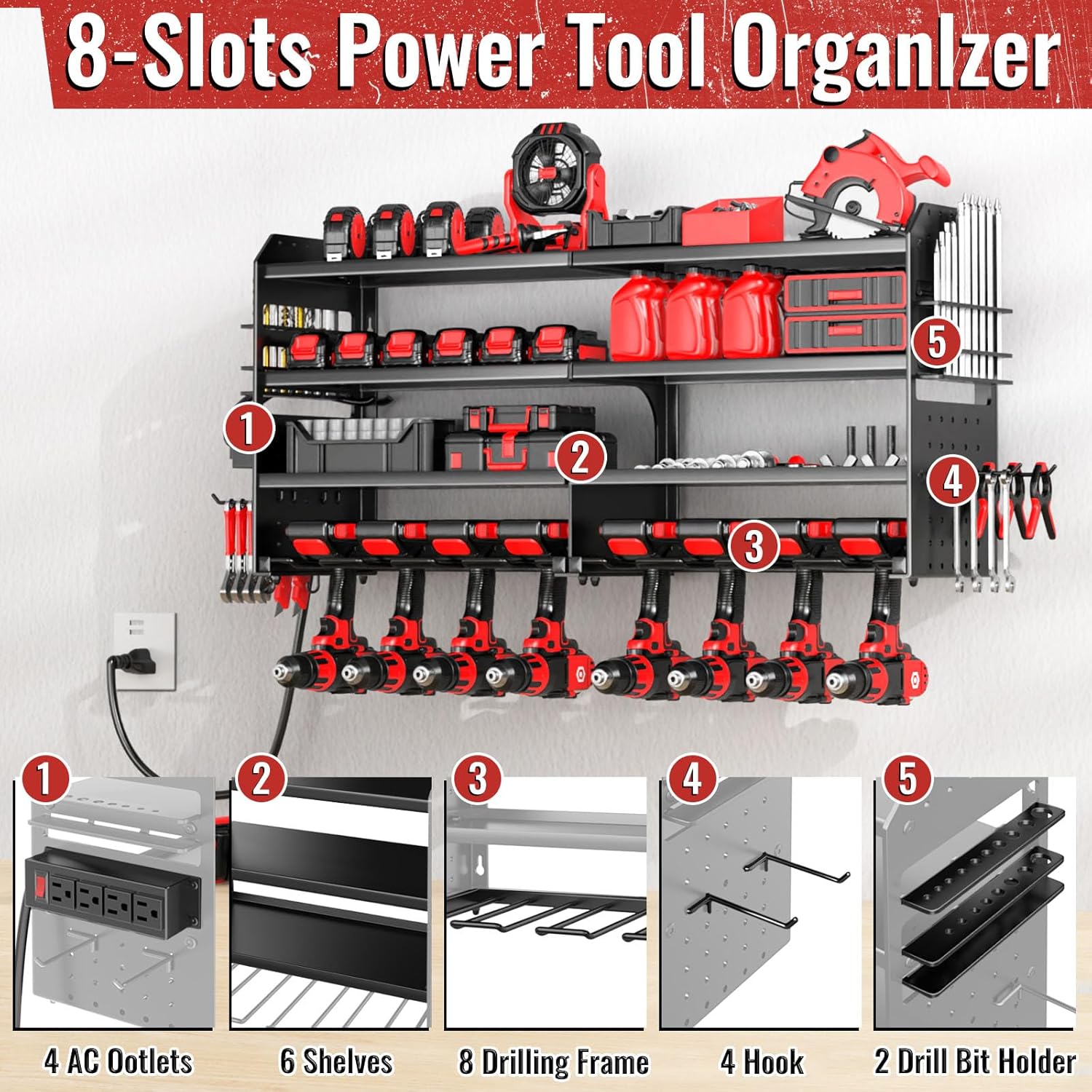 Skiennix Large Power Tool Organizer - Heavy Duty Wall Mount with Charging Station | 4 Layers, 8 Drill Holders, Black