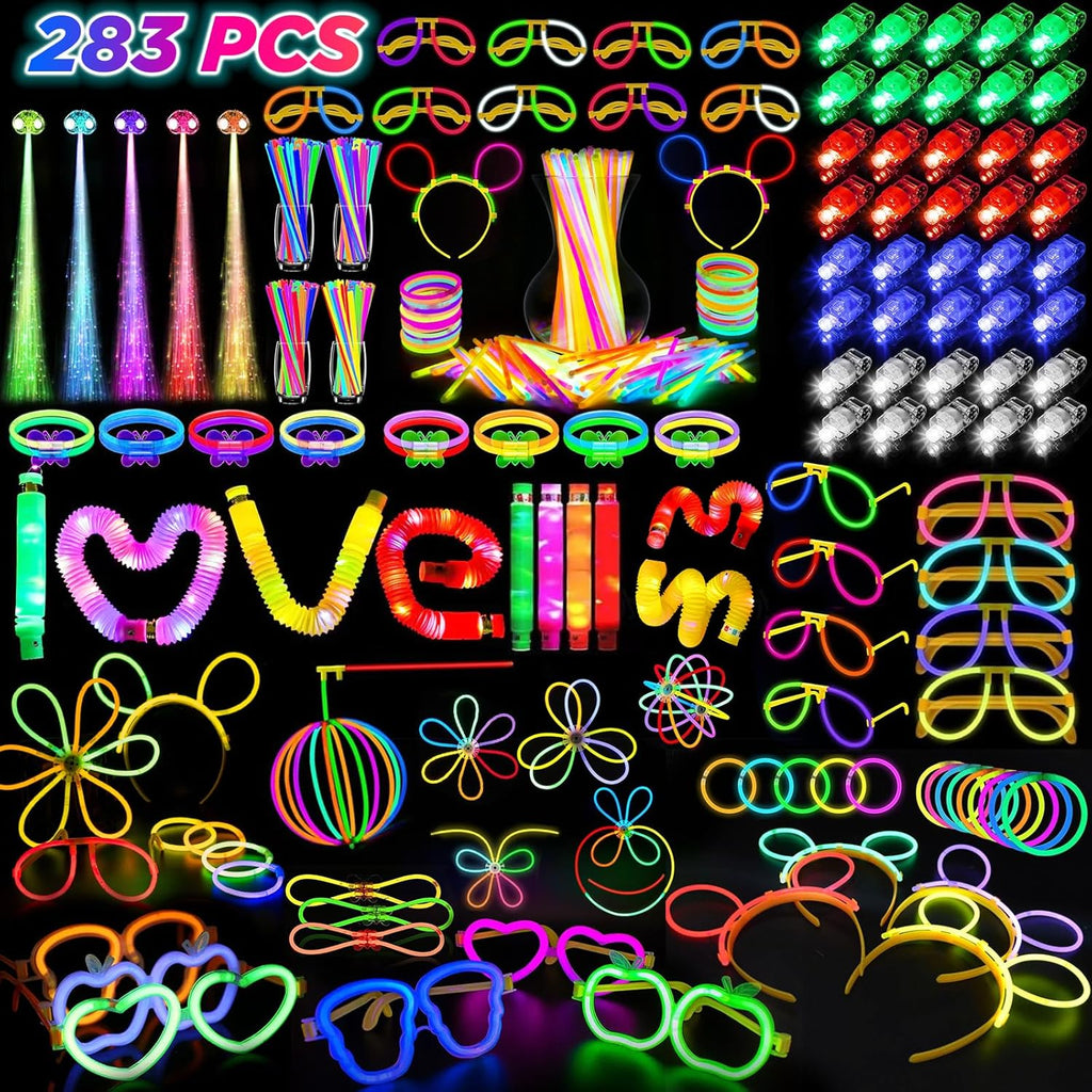 SHQDD Glow in the Dark Party Supplies - 100 LED Light Up Toys & 27 Carnival Accessories for Kids & Adults