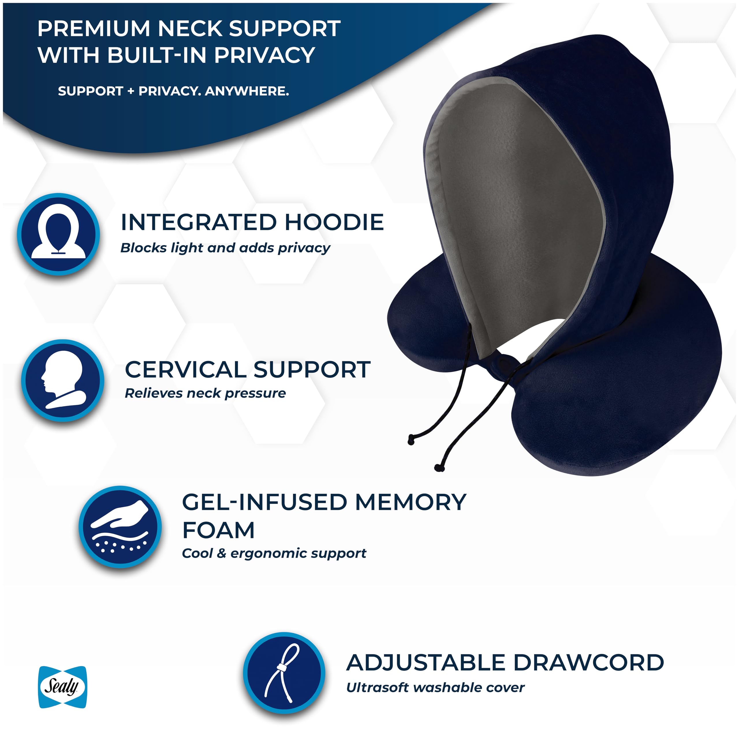 Sealy Travel Pillow - Airplane Neck Pillow with Hood, Travel Neck Pillow for Airplanes, Memory Foam Travel Pillow, Premium Support Travel Pillows for Long Flights