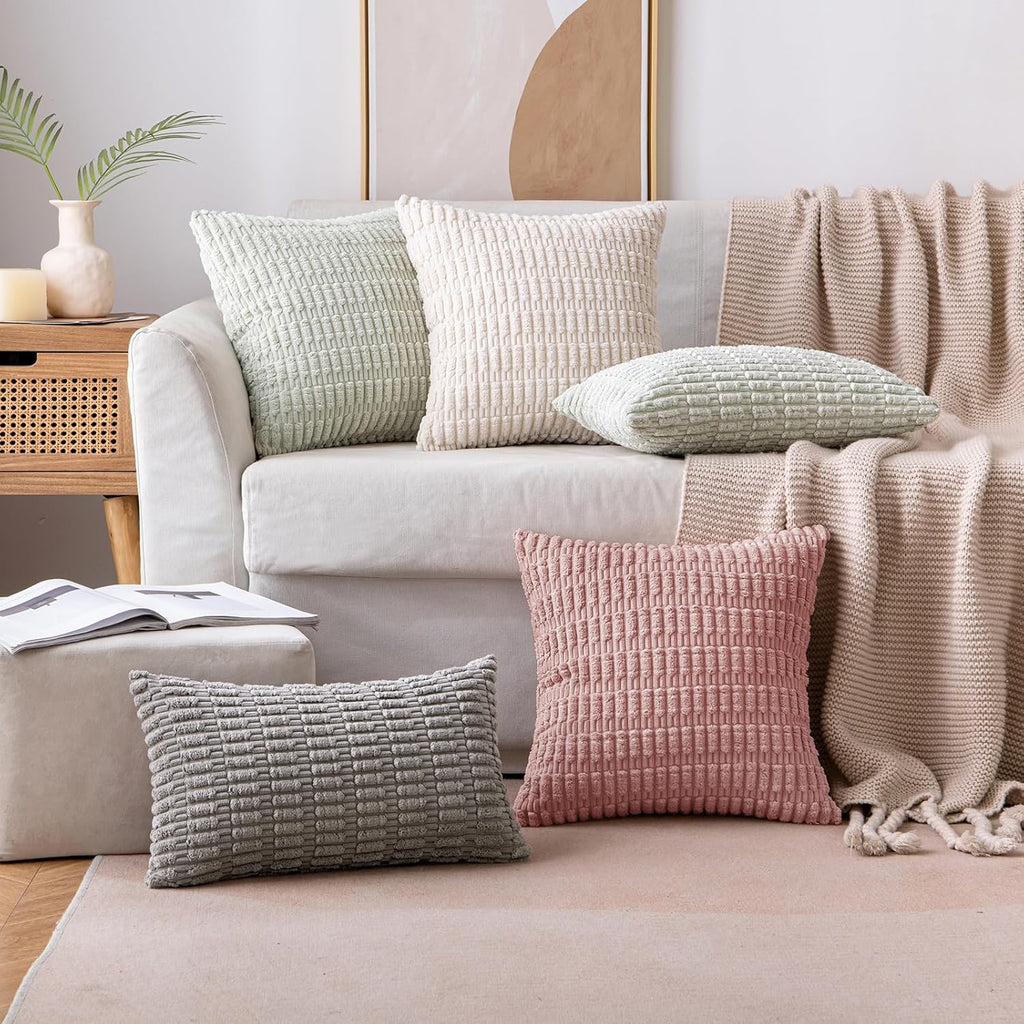 MIULEE Corduroy Throw Pillow Covers - Soft Boho Striped Design, 20x20 Inch, Blush Pink for Modern Home Decor
