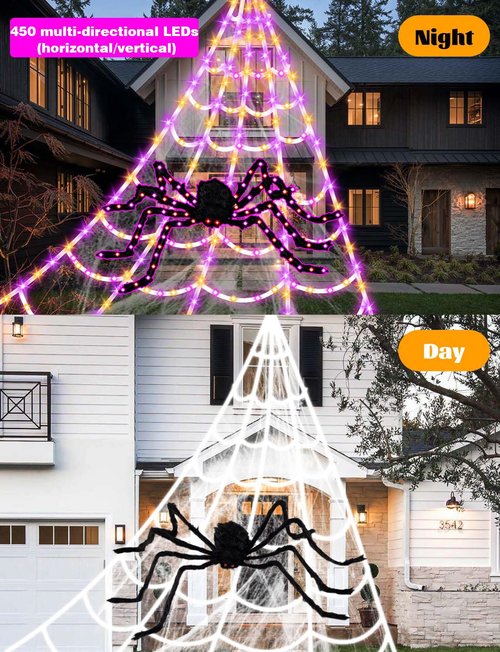 LCHUANG Spider Webs Halloween Decor Lights - 450 LEDs Outdoor Halloween String Lights with 60" Light Up Spider,8 Modes Remote Control 16.4Ft Spiderweb,Waterproof (New Orange-Purple Grid Luminous Net)