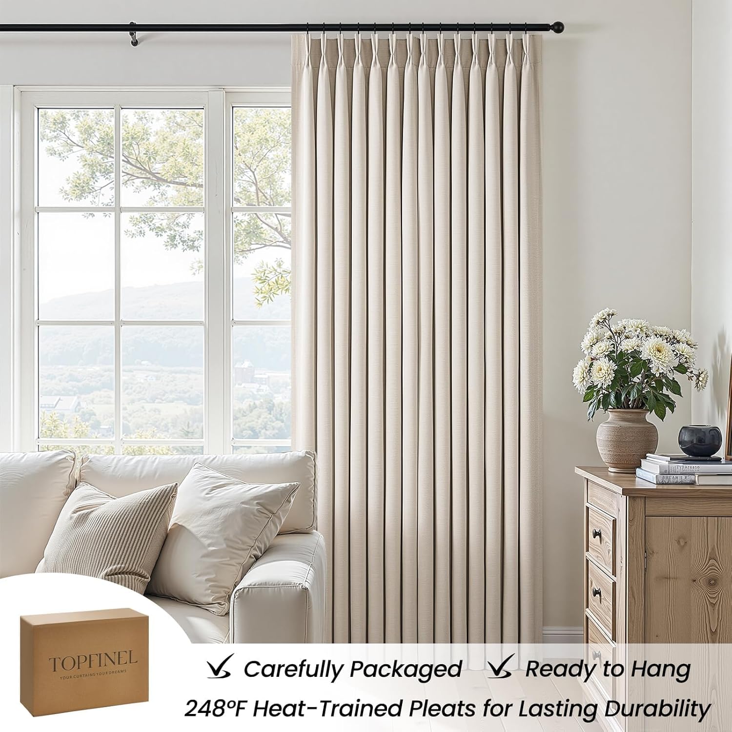 Topfinel Oatmeal Blackout Curtains - 84 Inch Long Pinch Pleated Drapes | Energy-Efficient Flax Linen, 2 Panels Set