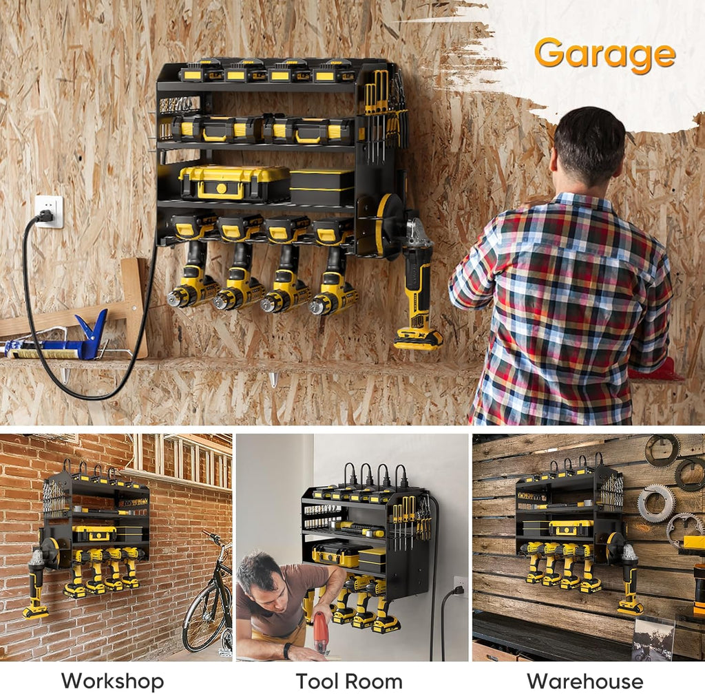 POKIPO Power Tool Organizer - Wall Mount Storage Rack with Charging Station & 8 Outlet Power Strip | Heavy Duty Metal for Garage