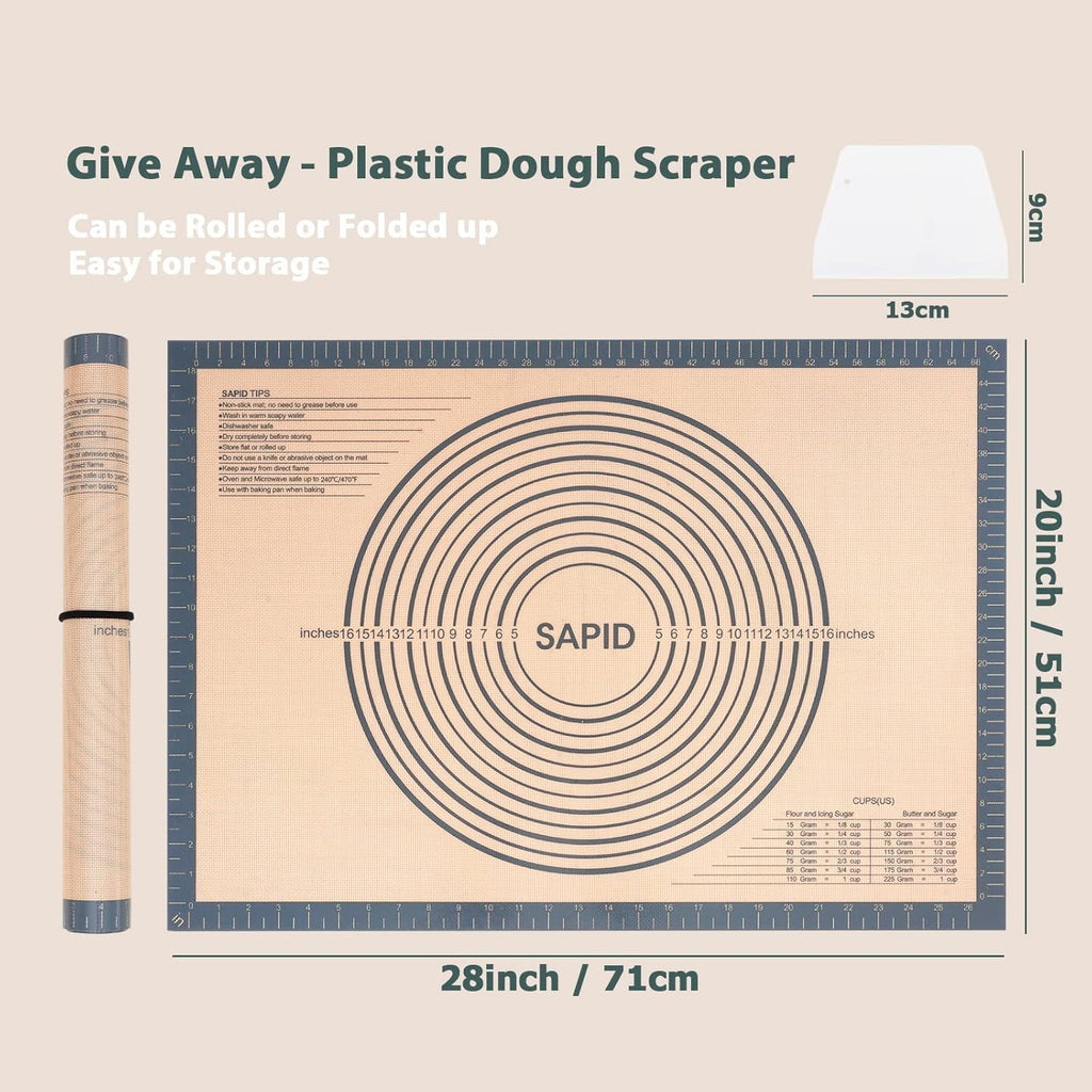 Sapid Extra Thick Silicone Pastry Mat - Non-Slip Baking Surface with Measurements | Extra Large 20" x 28" Gray