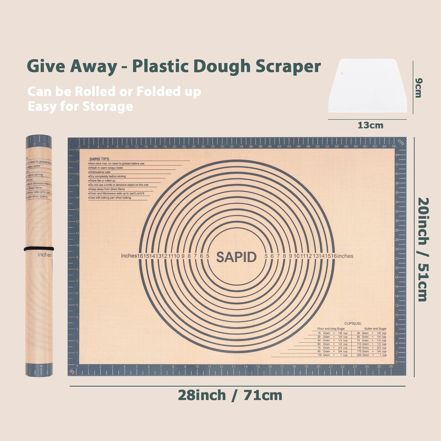 Sapid Extra Thick Silicone Pastry Mat - Non-Slip Baking Surface with Measurements | Extra Large 20" x 28" Gray