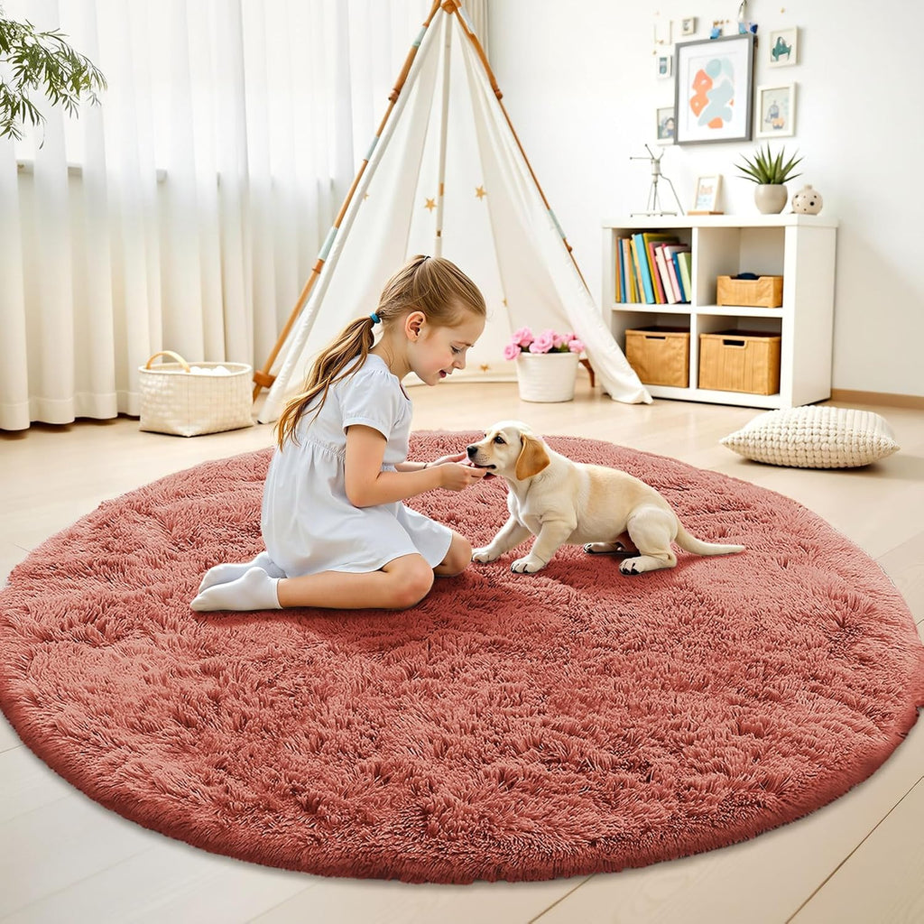 OLANLY Round Rust Red Area Rug - Soft, Fluffy, Machine Washable 6 ft Carpet for Bedroom & Living Room