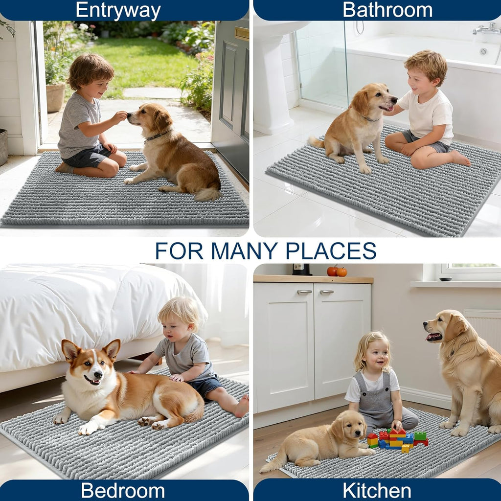 OLANLY Dog Door Mat - Ultra Absorbent Chenille Mud Doormat, Non-Slip & Washable, 47x24, Grey