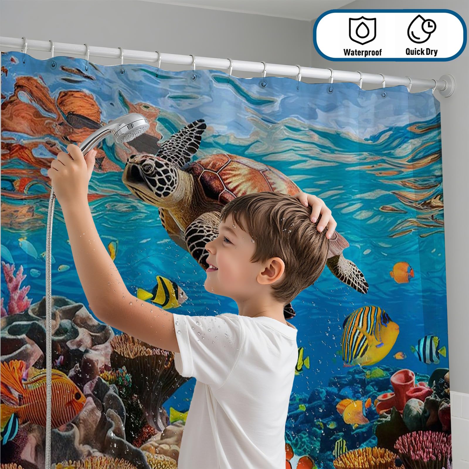 Mocsicka Ocean Shower Curtain Sea Turtle Underwater World Bathroom Decor for Kids Under The Sea Shower Curtain for Bathroom Fishes Coral Waterproof Bath Curtain with Hooks (71x71 Inch, Ocean)