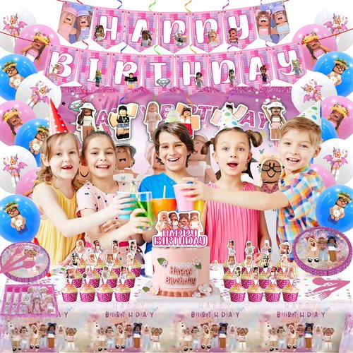 Birthday Party Supplies - Theme Children's Party Decorations Included Happy Birthday Banner, Backdrop, Hanging Swirls, Tablecloth, Cupcake Cake Toppers, Plates, Tableware, Napkins, Balloons