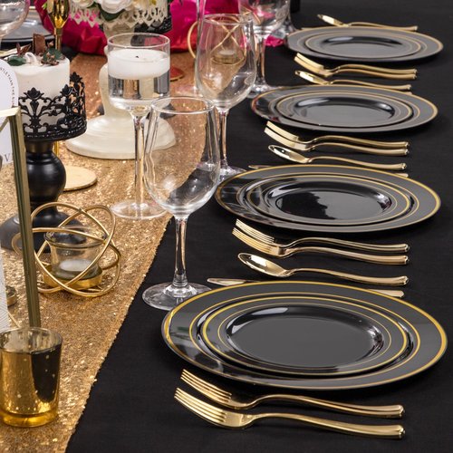 FLOWERCAT 100PCS Black and Gold Plates - Heavy Duty Black Plates Disposable for Halloween Party/New Year/Birthday- Include 50PCS 10.25inch Dinner Plates - 50PCS 7.5inch Dessert Plates