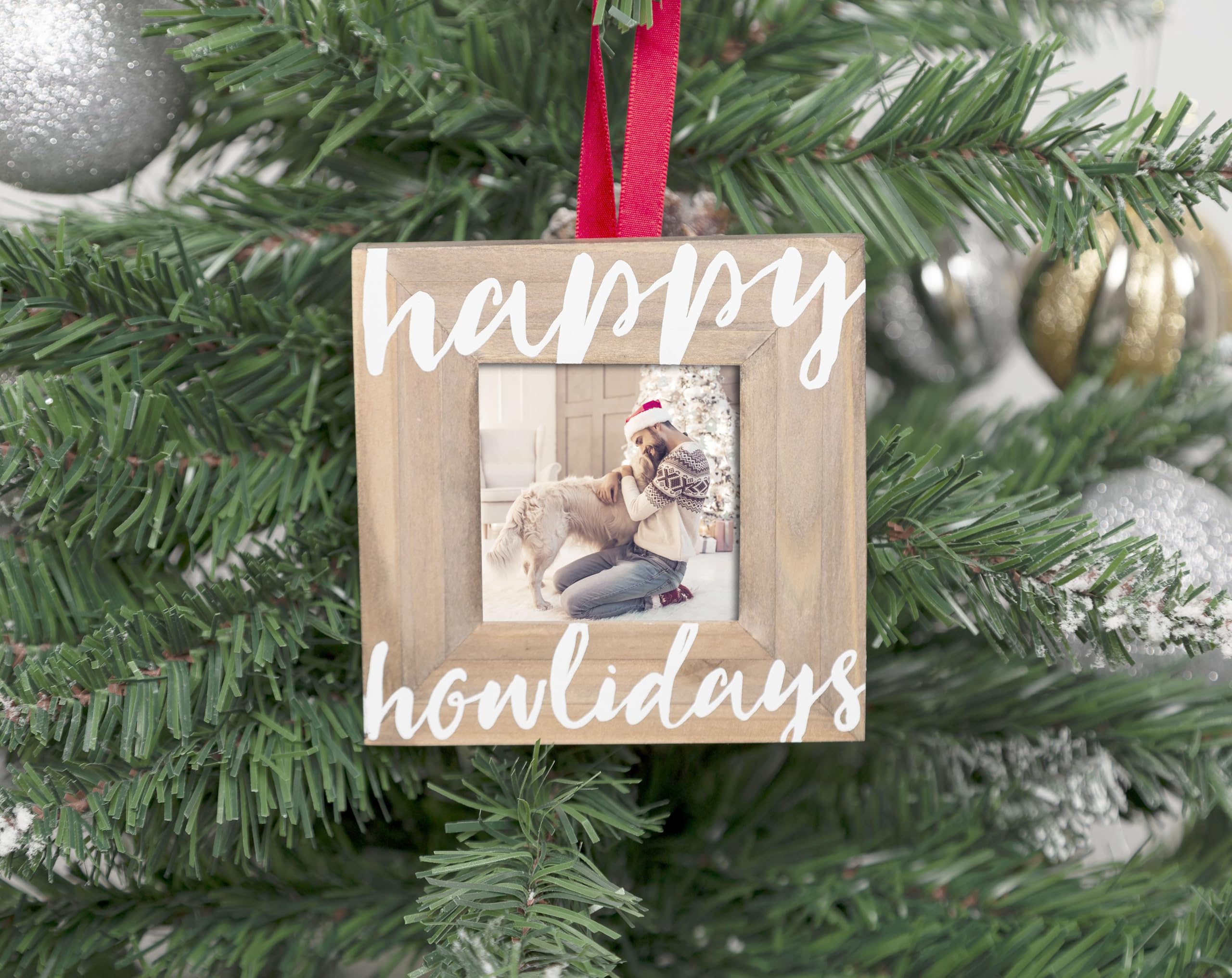 Pearhead Happy Howlidays Wooden Christmas Photo Ornament, Rustic Dog Picture Frame Christmas Tree Keepsake