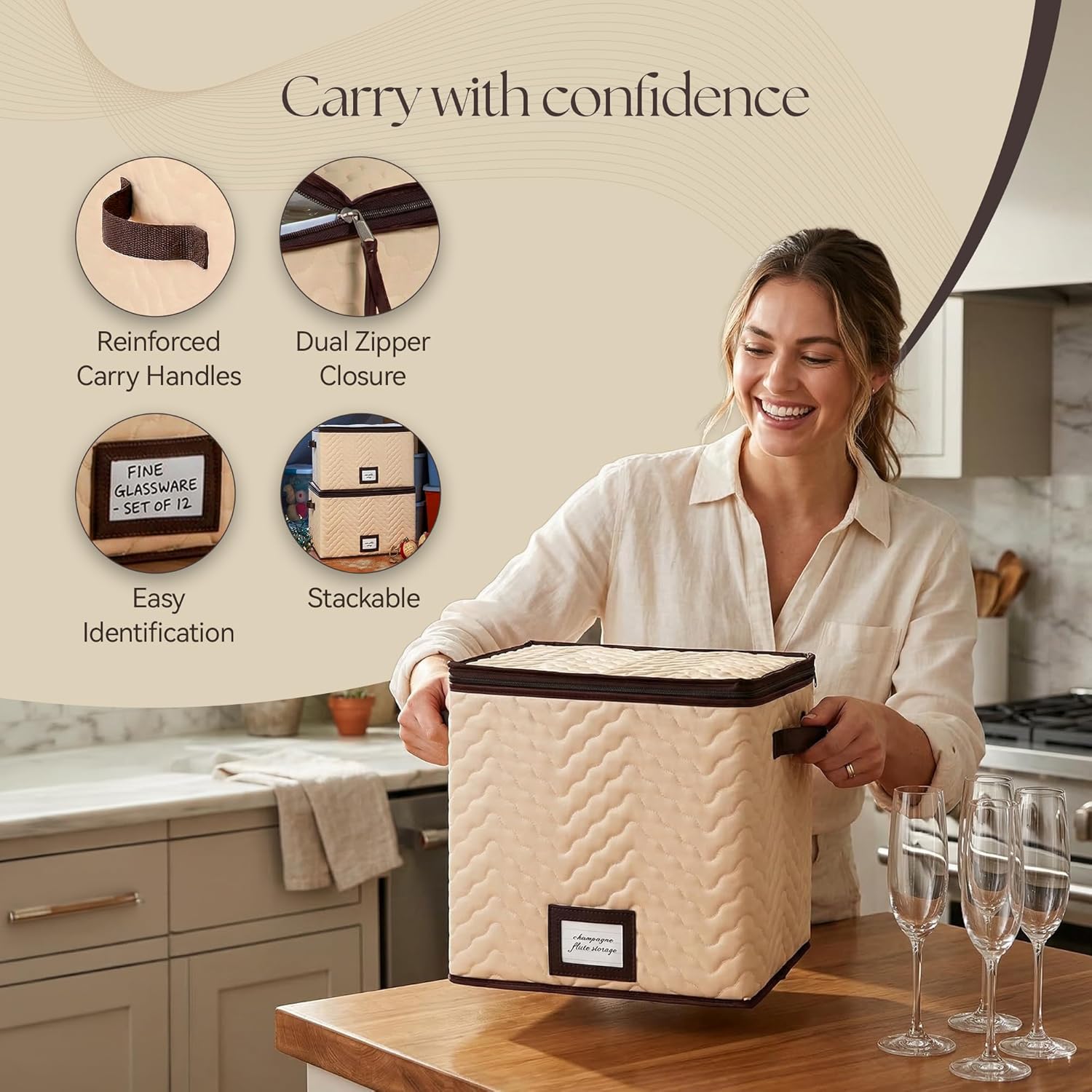 Skiennix Wine Glass Storage Box - Durable Quilted Microfiber Case with Dividers | Protects Stemware (1 Pack, Champagne Flute)