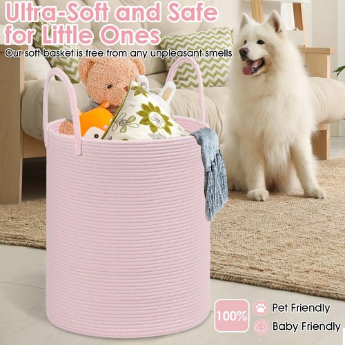 HOBASKET Cotton Rope Storage Basket with Handles, Pink, Large Capacity Laundry Hamper and Laundry Basket for Clothes, 15x18 Inches, Nursery Organizer