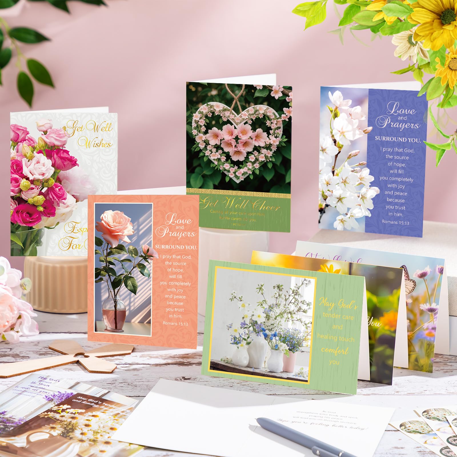 Motiskyy 24 Pack Christian Get Well Cards with Envelopes and Stickers Religious Get Well Greeting Cards Bulk with Scripture Encouragement Blessing 4.5 x 6.2 Inch (Nature Flower)