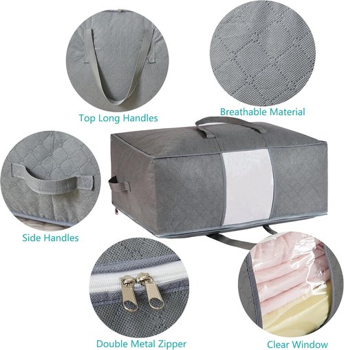 105L Extra Large Storage Bags - Organize Blankets, Bedding & Clothes | 4 Handles & Clear Window (Grey, 3-Pack)