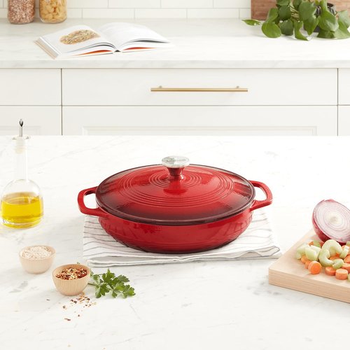 Lodge Essential Enamel Braiser - Induction-Safe & PFAS-Free Cookware - 3.5 Quart, Island Spice Red