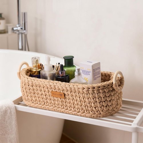 Handwoven Basket by [Brand Name] - Stylish Toilet Paper Storage with Wooden Base & Handles | Boho Decor (Brown)