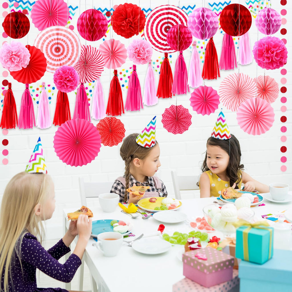 Epakh 50 Pcs Valentine's Day Decorations Paper Fans Valentine's Day Party Decoration Tassel Flowers Hanging Fans Garlands Red Pink Paper Poms Balls Streamer Decor for Wedding Birthday Bridal Shower
