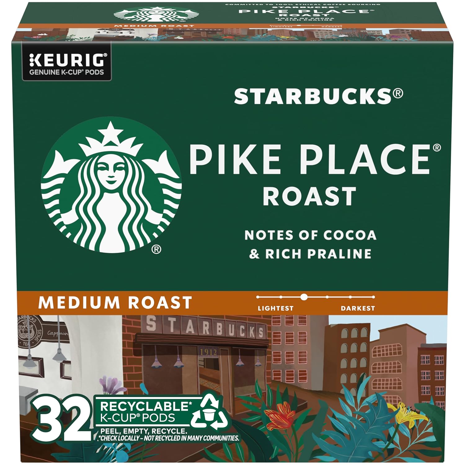 Starbucks K-Cup Coffee Pods - Medium Roast Pike Place Roast for Hot or Iced Coffee | 32 Pods