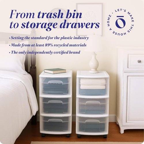 HOMZ 3-Tier Rolling Storage Cart - White Frame with Clear Bin Drawers for Home & Office Organization