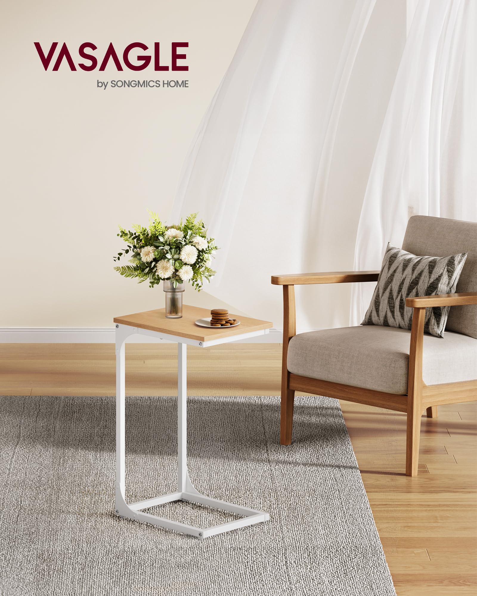 VASAGLE C-Shaped End Table, Small Side Table for Couch, Sofa Table with Metal Frame for Living Room, Bedroom, Bedside, Almond Yellow and Cloud White