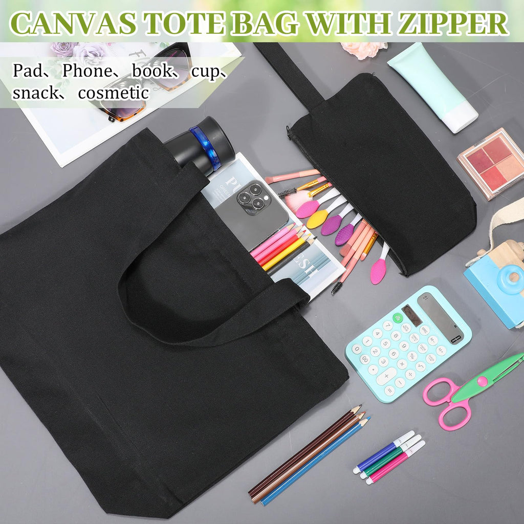 Silkfly 30 Pcs Tote Bag with Zipper, Cotton Canvas Makeup Bag Kitchen Reusable Grocery Pouch Blank Canvas Totes with Handles (16.5 x 3.9 x 13 in,Black)