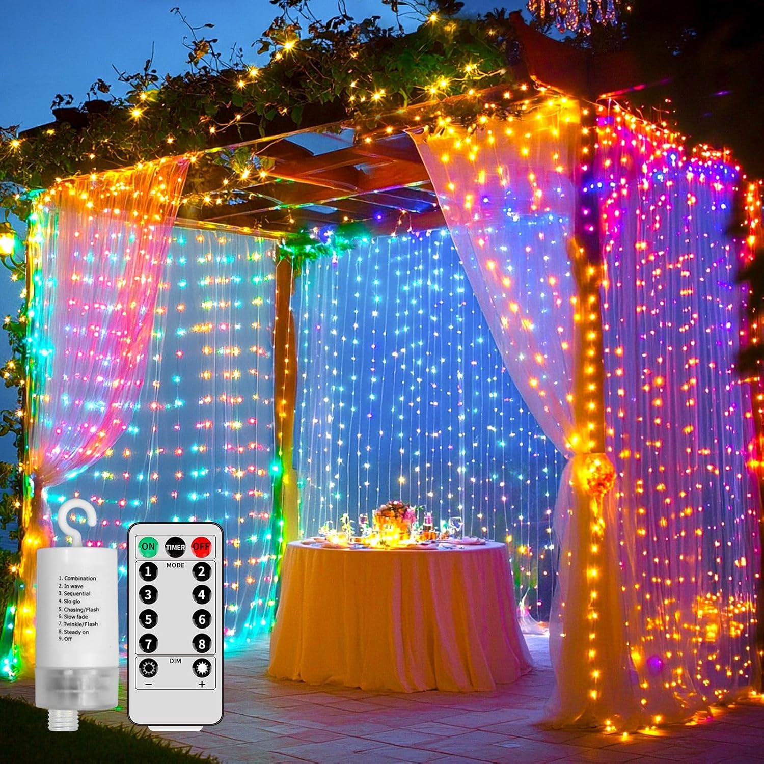 Skiennix Battery Operated Fairy Curtain Lights - 300 LED Multicolor 10ft x 10ft with Remote & Timer for Indoor/Outdoor Decor