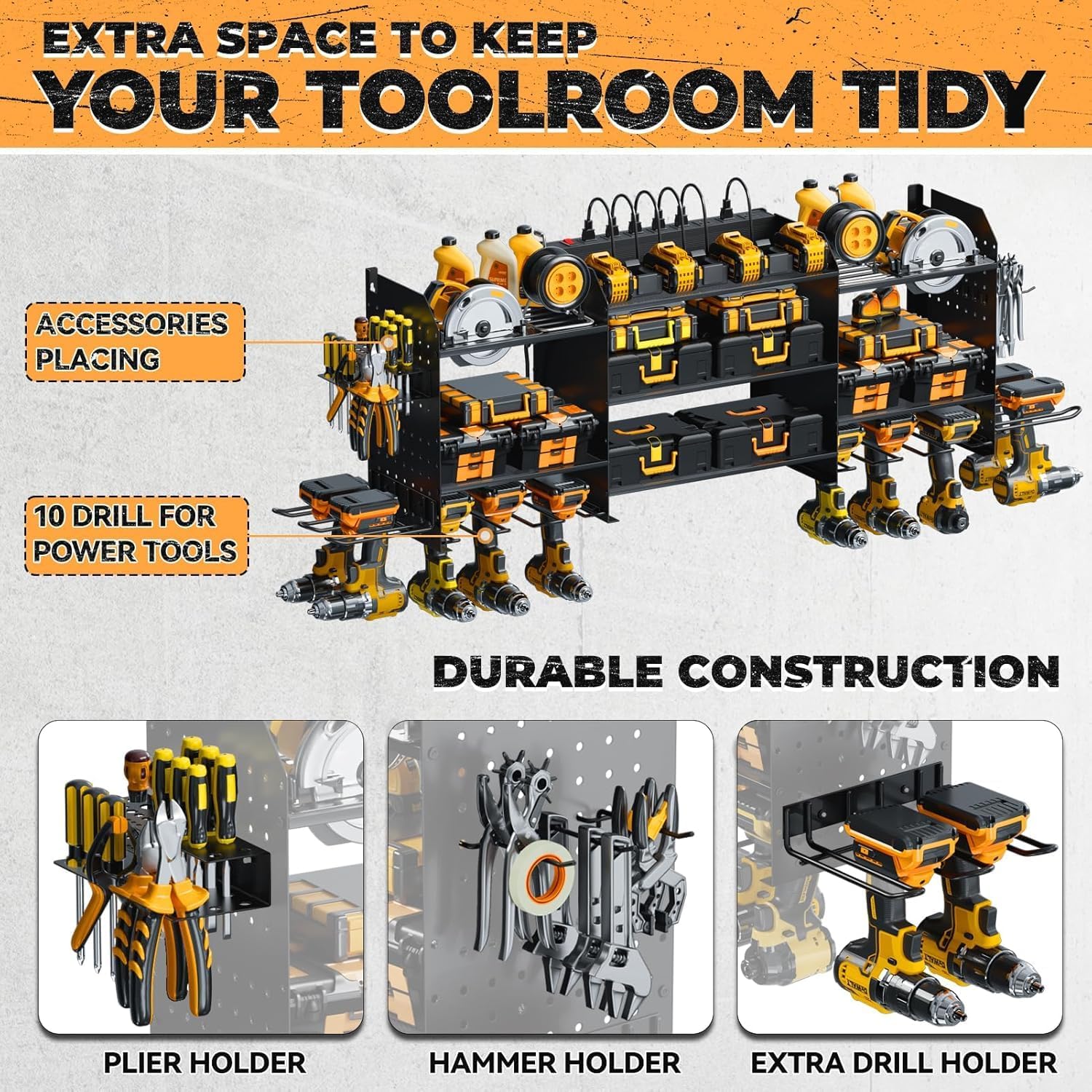 Upgrade Large Power Tool Organizer - Wall Mount with Charging Station & 10 Drill Holders for Garage