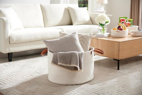 Luxury Nursery Storage Basket - 100% Cotton Rope, Extra Large 22 x 22 x 14 Inches | Off White with Leather Handles