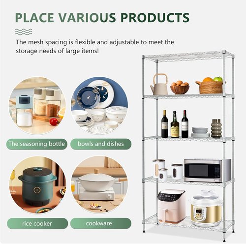 BestOffice 5-Tier Wire Storage Shelves with Wheels - Heavy-Duty Metal, Adjustable Racks | Chrome, 14x30x60 | Holds Up to 220 lbs, No-Tool Assembly for Home & Garage