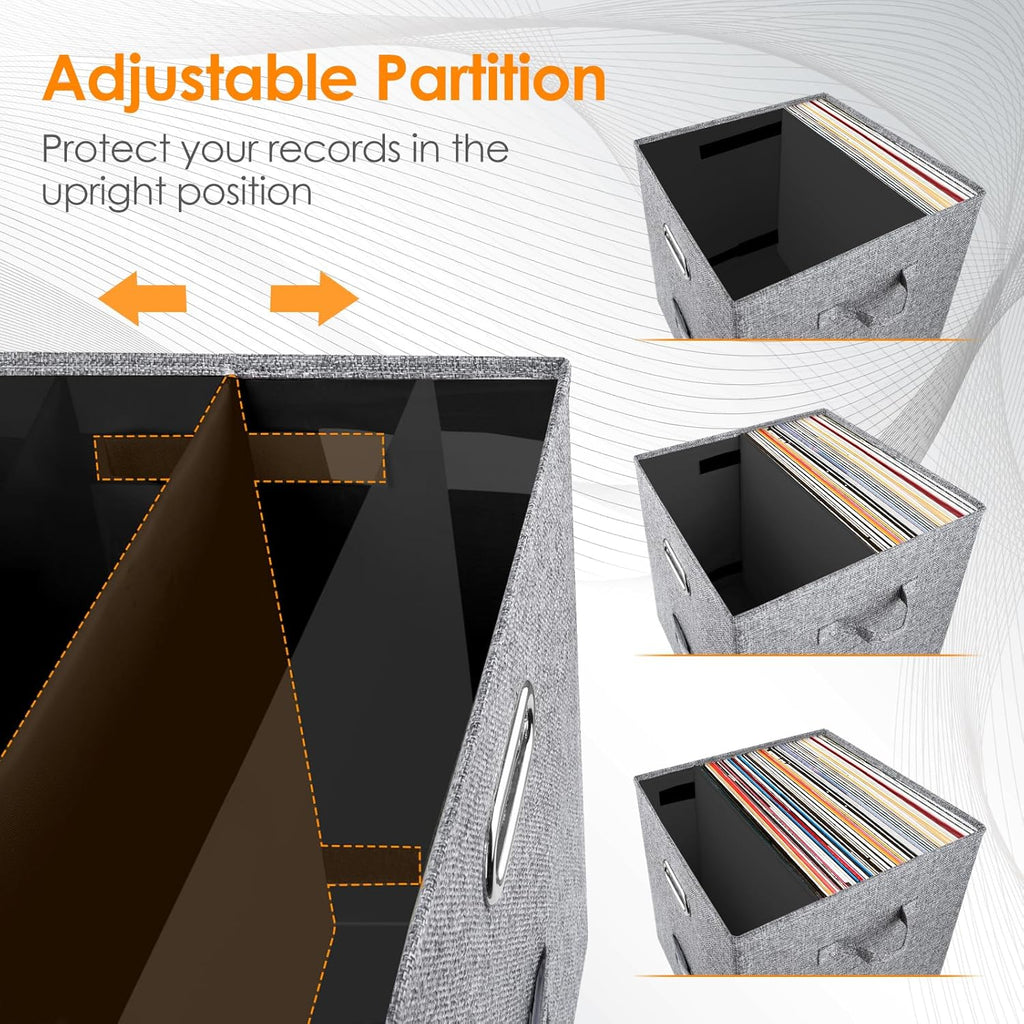 Skiennix Vinyl Record Storage Box - Stackable Linen Crate for 50+ 12-Inch LPs with Lid & Handle
