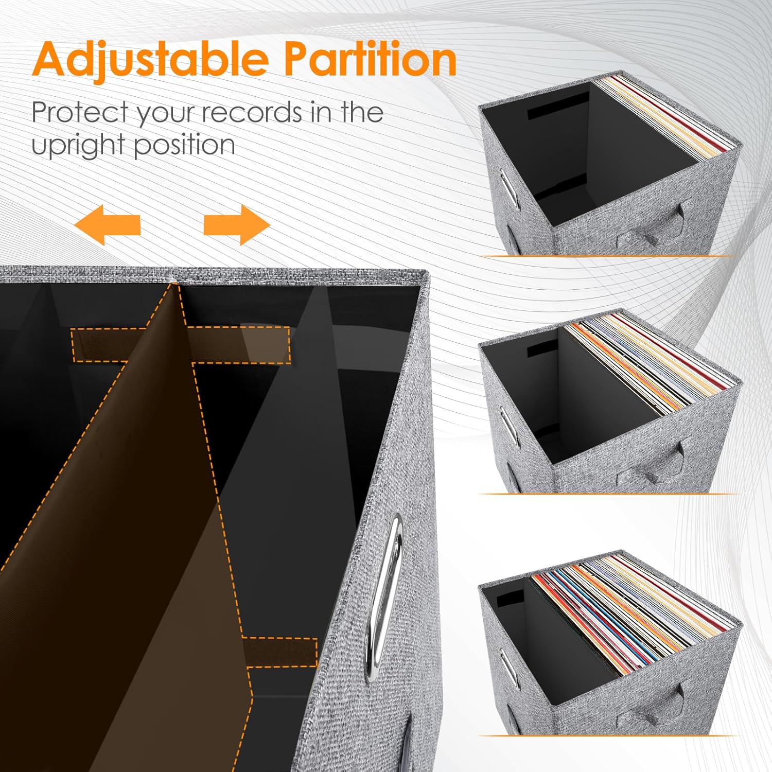 Skiennix Vinyl Record Storage Box - Stackable Linen Crate for 50+ 12-Inch LPs with Lid & Handle