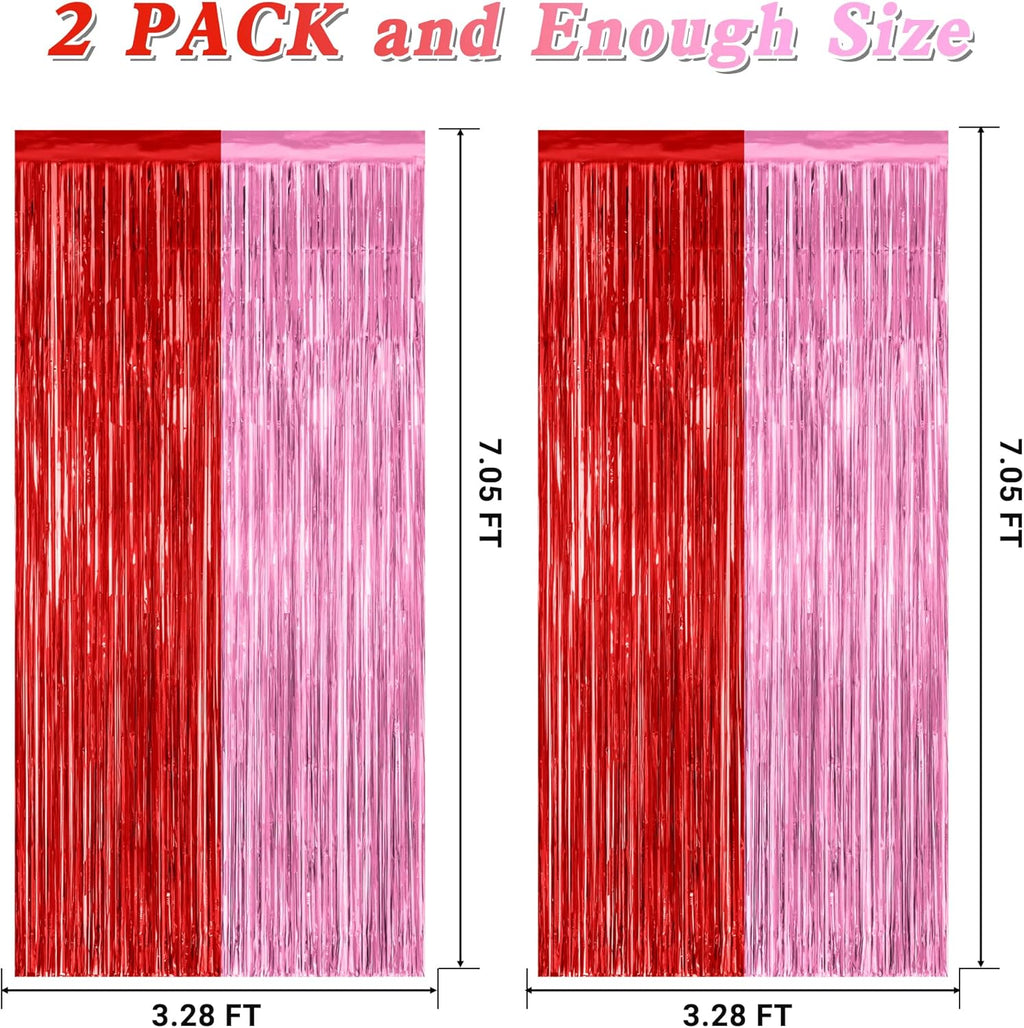 Regine Switzerland Red Pink Backdrop Curtains - 2 Pack Metallic Fringe Tinsel Decor | 3.28' x 7.05'