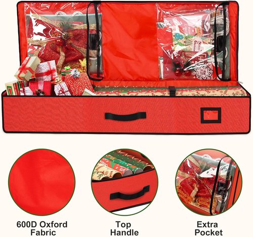 HikooLSS Wrapping Paper Organizer - Heavy Duty 600D Tear-Proof Storage Container for Christmas Gifts | Red