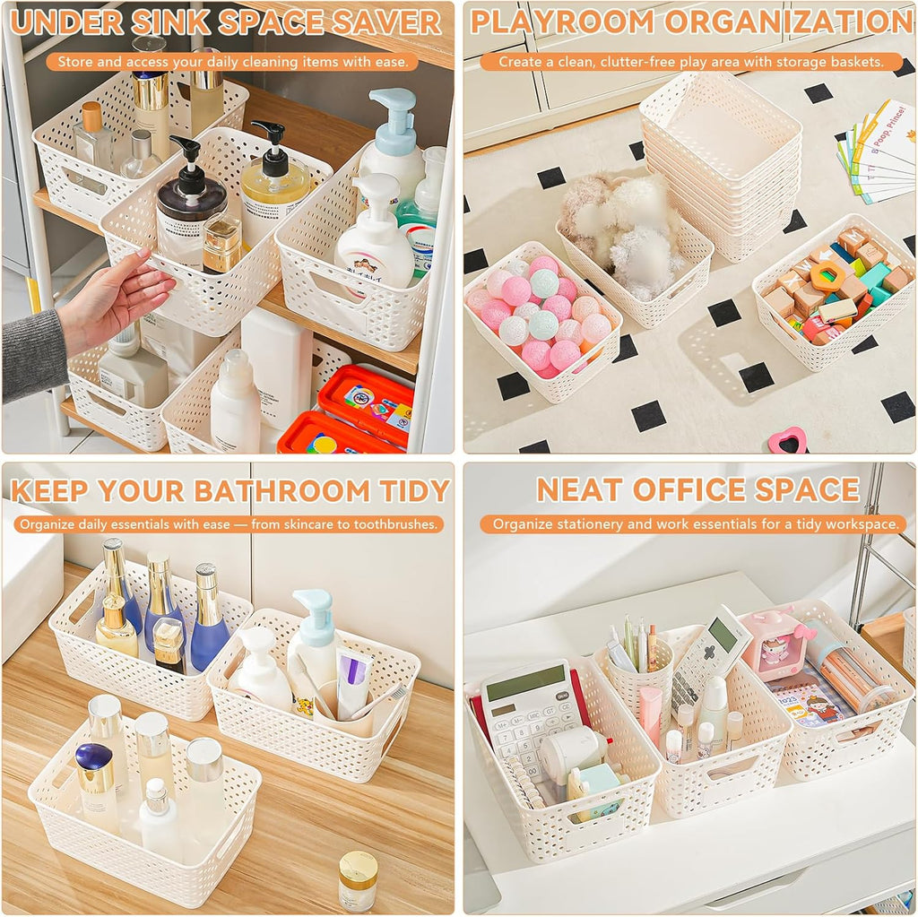 Plastic Storage Baskets - 12 Pack Organizing Bins with Handles & Labels for Home, Office, Closet