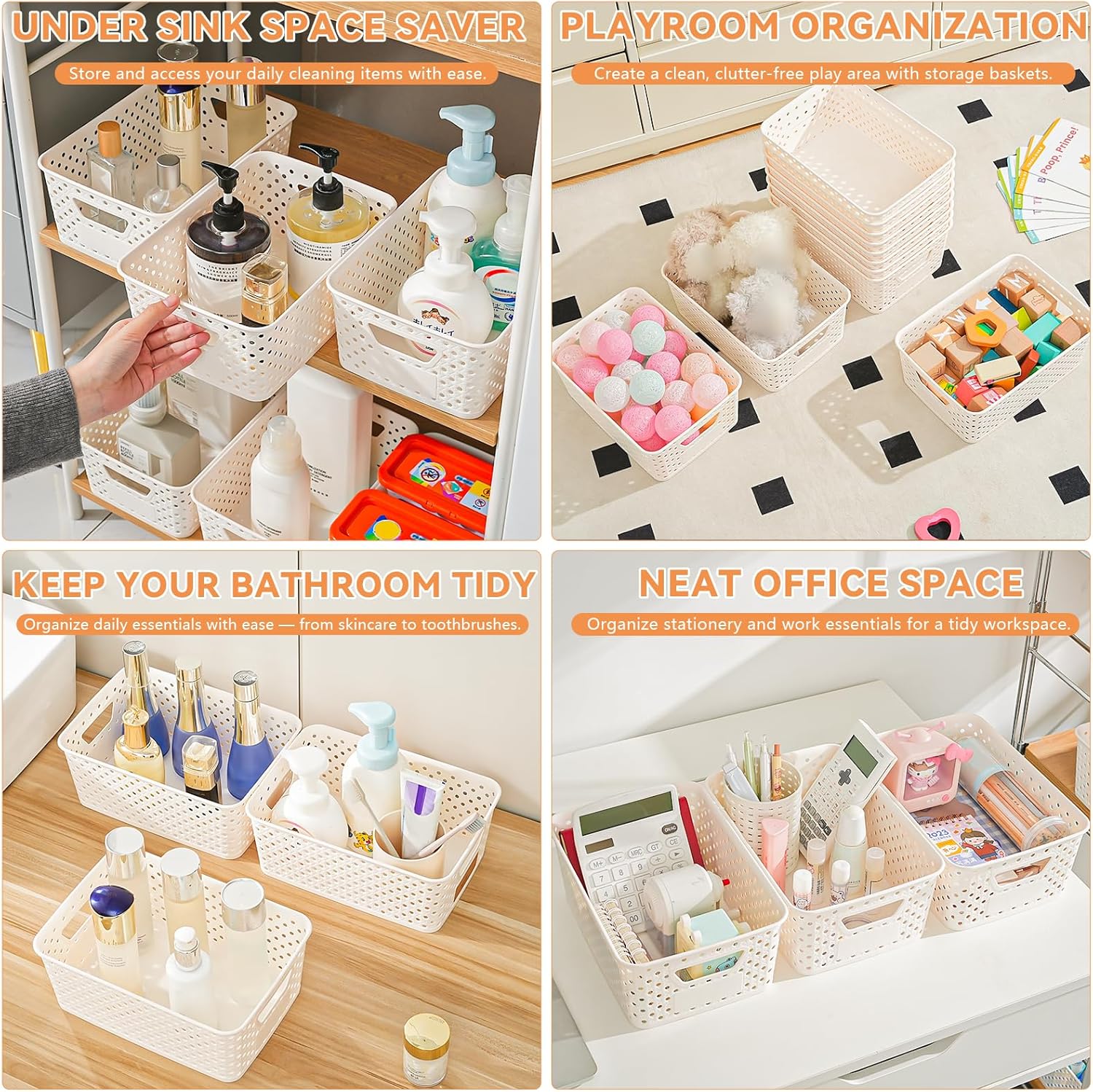 Plastic Storage Baskets - 12 Pack Organizing Bins with Handles & Labels for Home, Office, Closet
