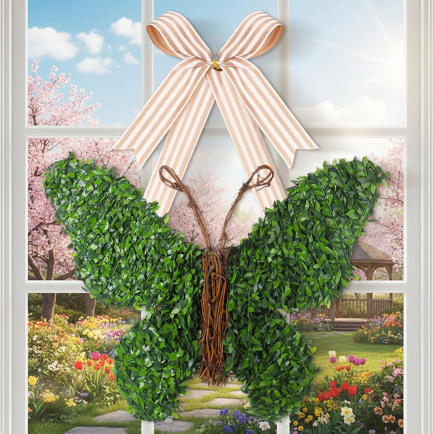 Suncalla 20-Inch Butterfly Wreath - Spring Artificial Boxwood Decor for Indoor/Outdoor Use