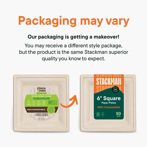 100% Compostable Square Paper Plates 6 inch [500-Pack] Heavy Duty, Eco-Friendly, Biodegradable Bagasse Dinner Plates - Natural Brown 6x6" Plate - (PFAS-Free) (BPI Certified) By Stack Man