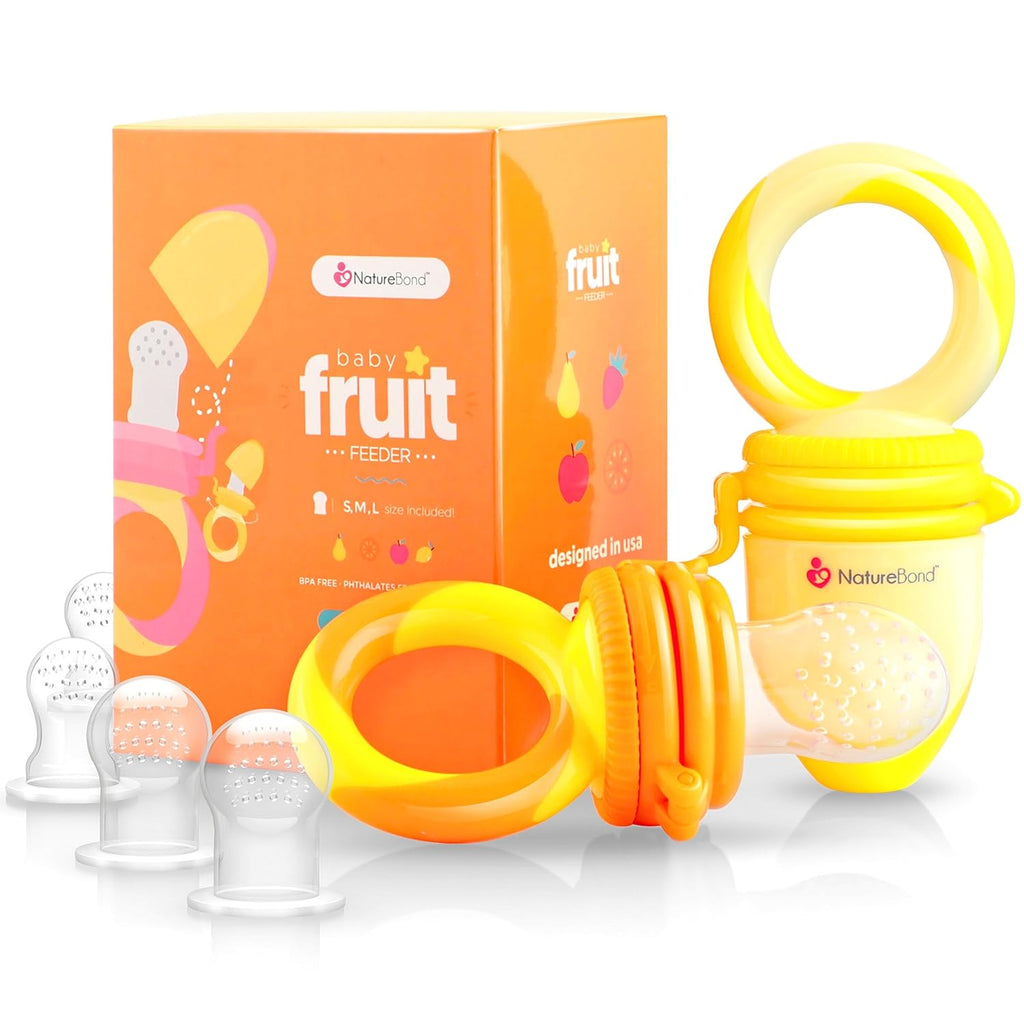 NatureBond Baby Food Feeder - 2 Pack Fruit Pacifier Nibbler & Teething Toy in Vibrant Colors | Extra Silicone Sacs Included