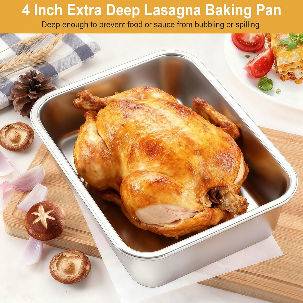Regine Switzerland 4-Inch Deep Lasagna Pan Set - 2 Pack Stainless Steel Baking Pans with Lids | 7.4QT & 5.1QT Roasting Dishes