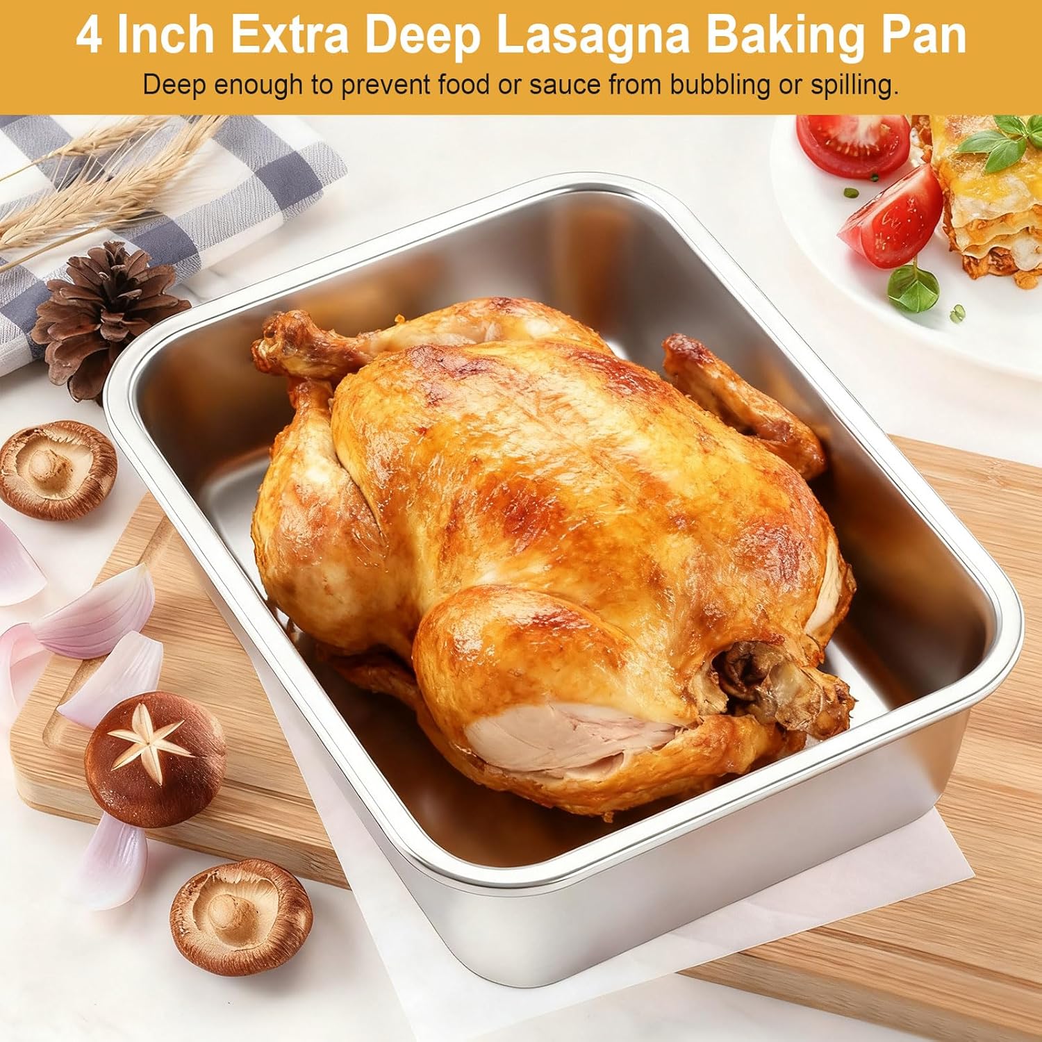 Regine Switzerland 4-Inch Deep Lasagna Pan Set - 2 Pack Stainless Steel Baking Pans with Lids | 7.4QT & 5.1QT Roasting Dishes