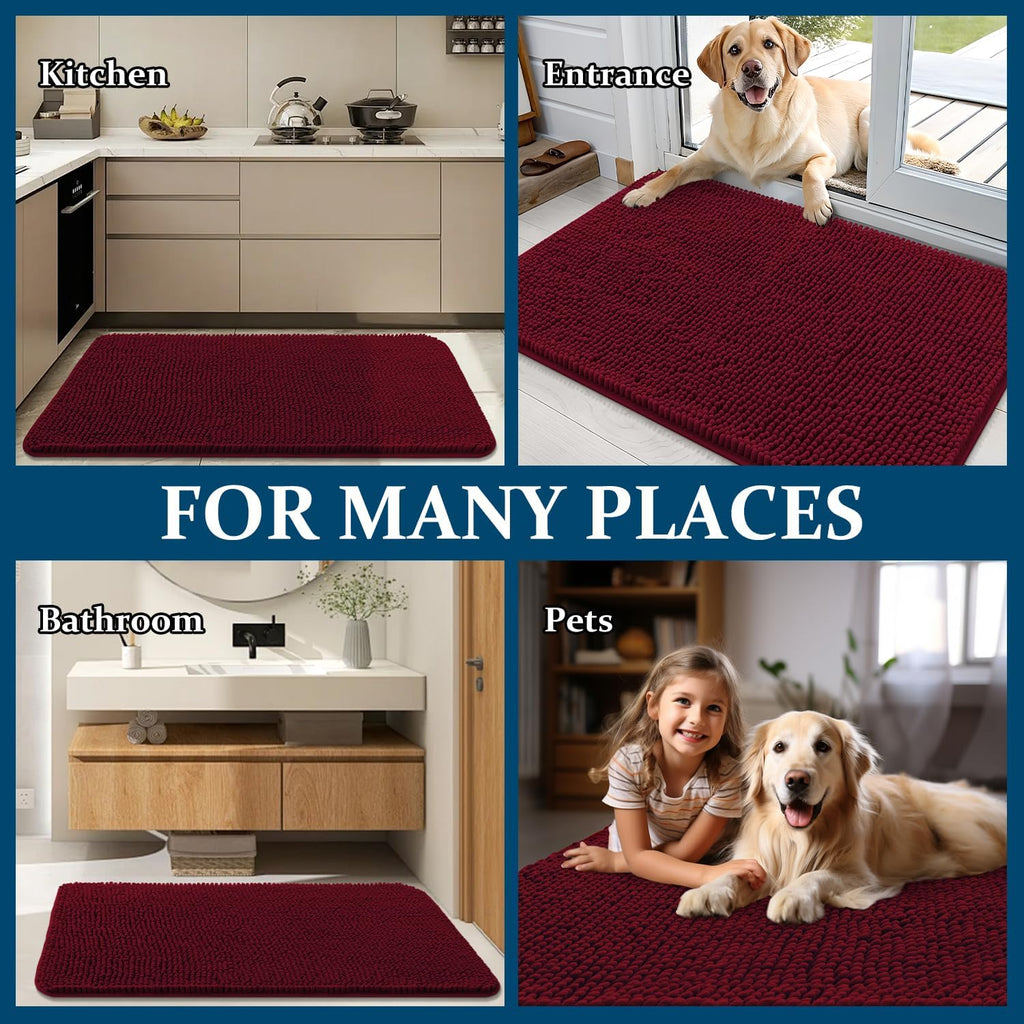 OLANLY Dog Door Mat - Absorbent Non-Slip Washable Chenille Mat for Muddy Paws | 70x46, Burgundy
