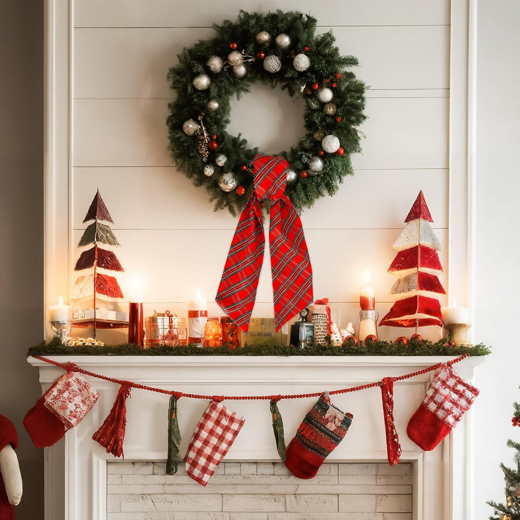 TONIFUL Wreath Sash - Red and Green Check Plaid Design | 4.5" x 56" Indoor/Outdoor Holiday Decor