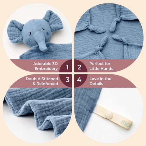 Momcozy Elephant Loveys for Babies with Cotton - Soft Security Blanket for Boy or Girl for Self-Soothing On-The-Go-Portable & Anti-Drop Design - Newborn Gift，Must Have（Blue 14 inch）