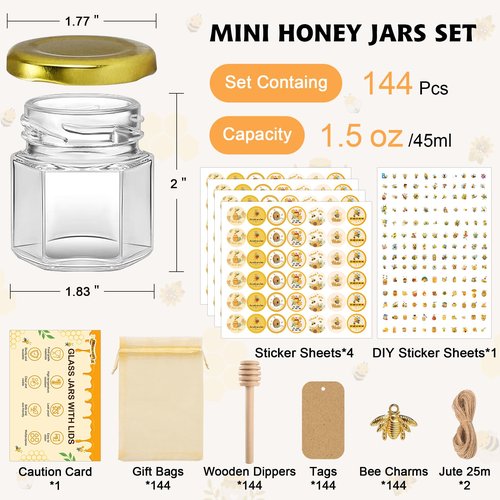 BGraceyy 144Pcs 1.5 oz Mini Hexagon Glass Honey Jars with Dippers, Gold Lids, Bee Stickers, Bee Charms, Gift Bags & Jute–Empty Small Honey Jars for Party Favors Bulk, Ideal for Baby Showers ＆ Weddings