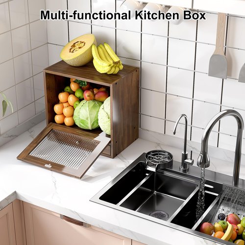 Alpeir Wooden Bread Box for Kitchen Countertop, Large Capacity with Ventilation Holes Adjustable Tiered-Shelf, Vintage Farmhouse Breadbox with Drawer & Window, Longer Freshness, Retro Brown
